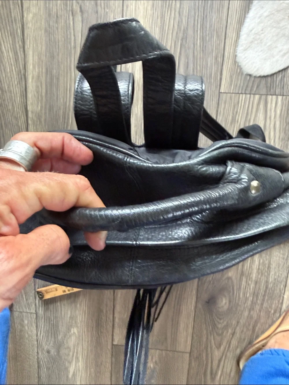 Vintage black genuine leather Backpack with removable Fringe full size